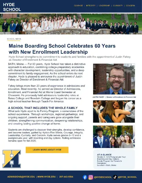 Hyde School Celebrates 60 Years with New Enrollment Leadership
